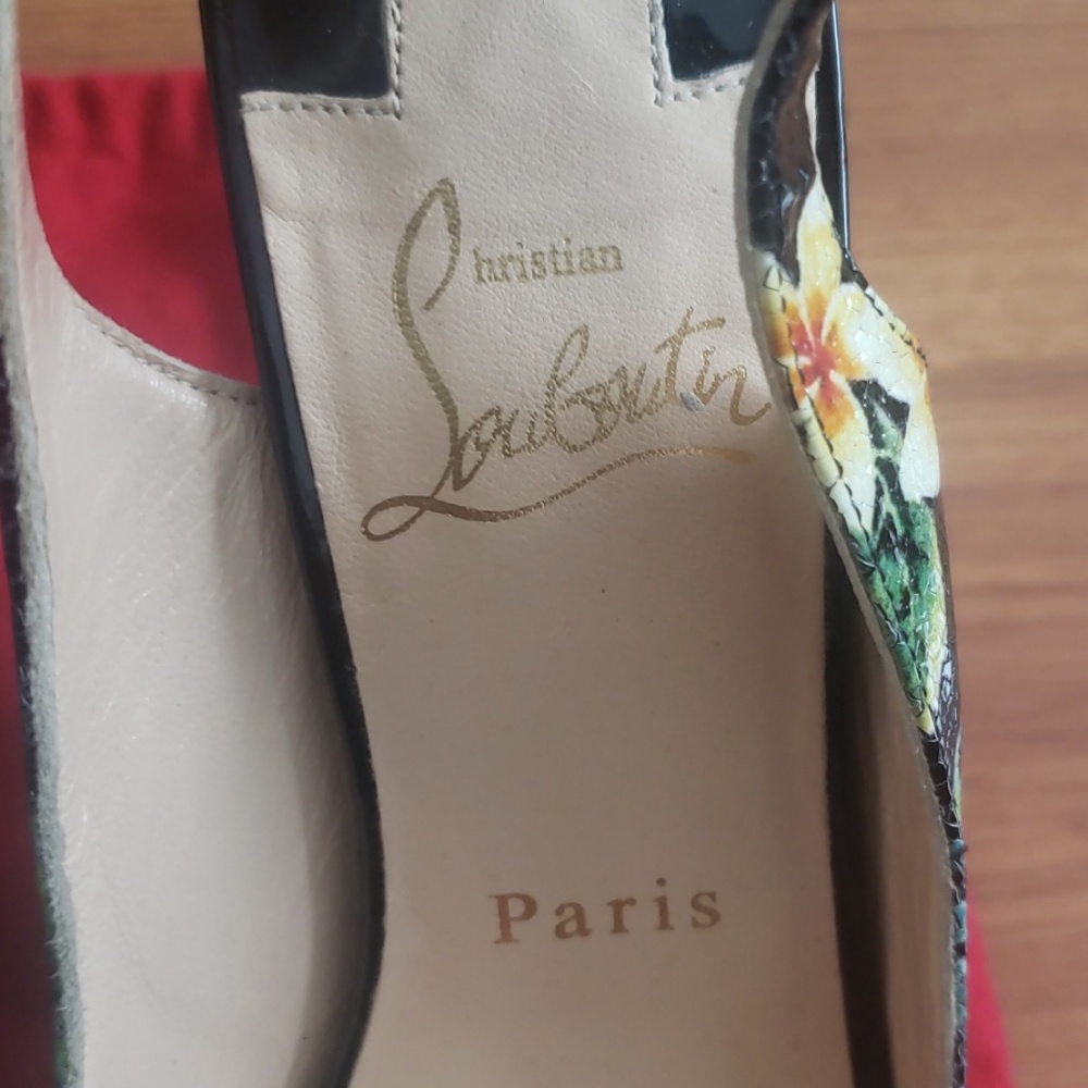 Christian Louboutin Black Floral Cork Wedge Sandals - Picture 3 of 8